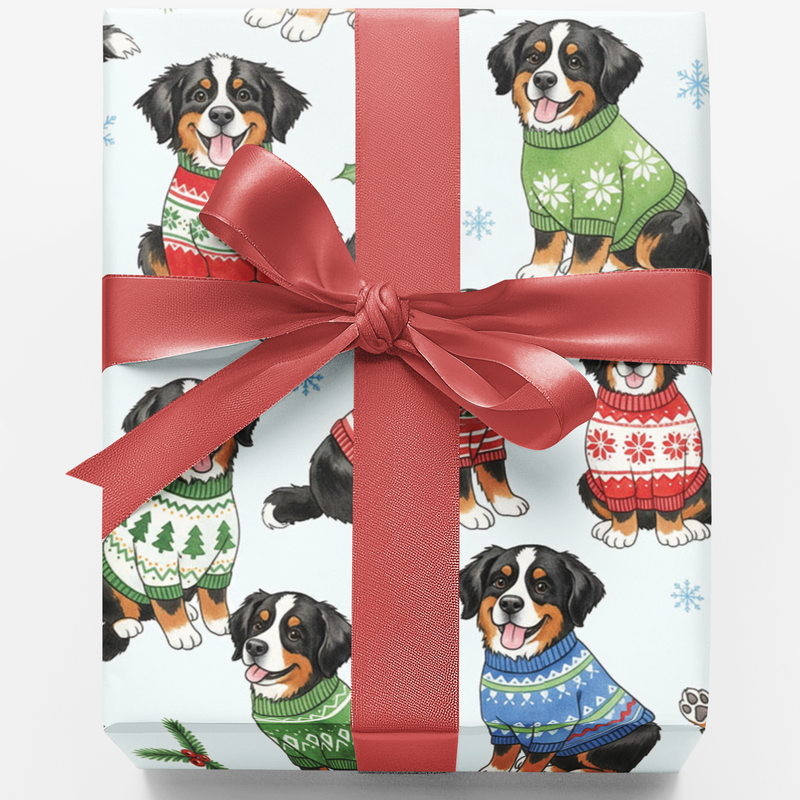 Holiday Sweater Dog Gift Wrap, Bernese Mountain Dog Christmas Wrapping Paper, Adorable Berner Xmas Wrapping Paper, Dog Lover Holiday Gift Wrap