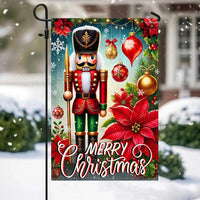 Poinsettia Ornaments Flag, Christmas Nutcracker Garden Flag, Double-Sided Holiday Yard Flag, Traditional Winter Outdoor Lawn Decor Present