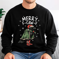 Humorous Raven Holiday Sweater, Merry F-Caw-F Christmas Sweatshirt, Goth Bird Lover Crewneck, Sarcastic Crow Pullover, Dark Humor Xmas Present