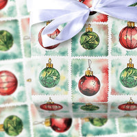 Watercolor Holiday Grid Gift Wrap, Christmas Ornament Stamp Wrapping Paper, Festive Red Green Ornament Wrapping Paper, Xmas Gift Wrap Roll