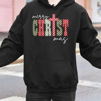 Checkered Holiday Christian Graphic Sweatshirt, Merry Christmas Cross Hoodie, Faith Nativity Pullover, Religious Xmas Present for Men Women
