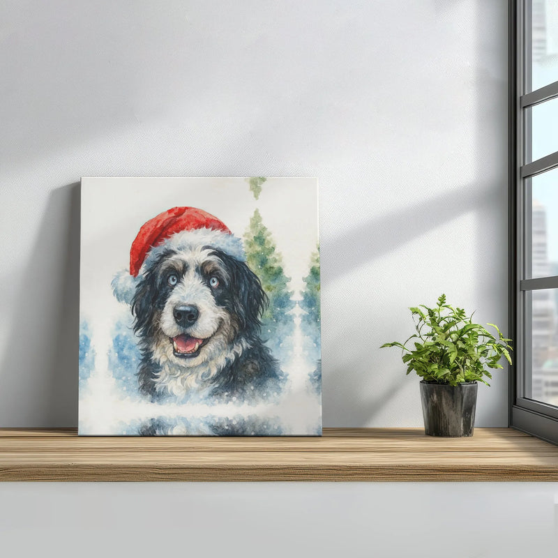 Christmas Puppy Watercolor Print, Santa Hat Dog Canvas Wall Art, Snowy Pine Forest Canvas, Festive Holiday Square Canvas Decor