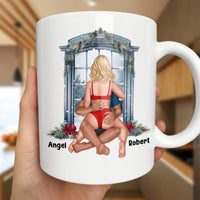 Romantic Christmas Window Ceramic Mug, Personalized Couple Mug, Holiday Couple Coffee Cup, Custom Anniversary Present for Husband