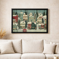 Comfy Winter Snow Scene Red Car Canvas Art, Christmas Village Canvas Print, Holiday Season Wall Art, Rustic Xmas Decor, Winter Canvas Present