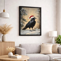 Winter Raven in Santa Hat Canvas Print, Christmas Crow Canvas Wall Art, Holiday Bird Painting Canvas, Festive Animal Decor, Bird Lover Present