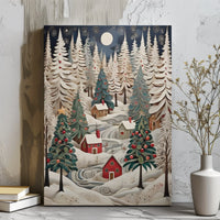 Papercraft Winter Forest Landscape, Snowy Christmas Village Canvas Wall Art, Holiday Season Home Decor, Digital Download Print