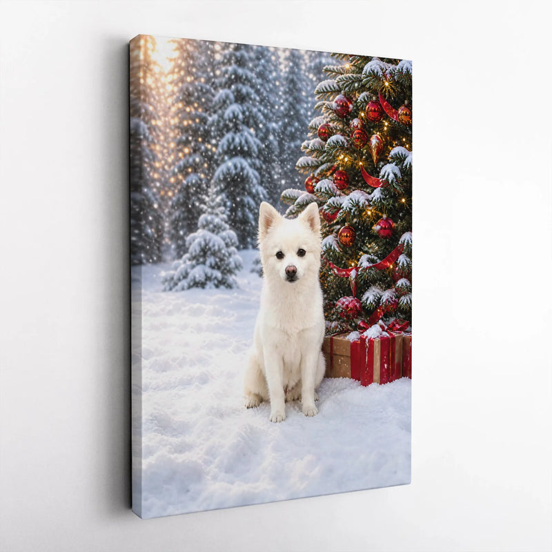 Snowy Winter Scene Puppy Canvas Print, Christmas Spitz Dog Canvas Wall Art, Holiday Tree and Presents Canvas Poster