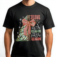 Retro Christmas Plaid Bow Tee, Jesus Is the Reason for the Season T-Shirt, Religious Christian Holiday Shirt, Faith Xmas Graphic Tee Present