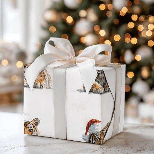 Watercolor Tiger Gift Wrap, Tiger Cub Christmas Wrapping Paper, Santa Hat Animal Wrapping Paper, Adorable Holiday Gift Wrap R