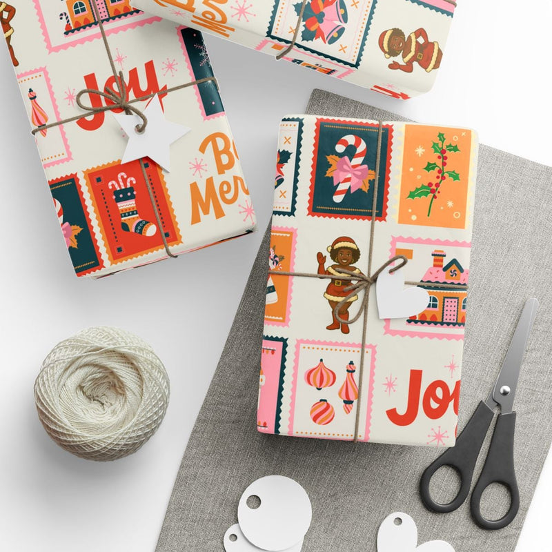 Retro Stamp Christmas Gift Wrap Roll, Black Santa Girl Wrapping Paper, Melanin Santa Holiday Wrapping Paper, Festive Present Wrap