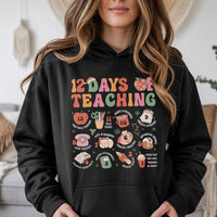 Retro School Teacher Hoodie, 12 Days of Teaching Christmas Hoodie, Humorous Educator Holiday Hooded Sweatshirt, Adorable Xmas Graphic Pullover Present