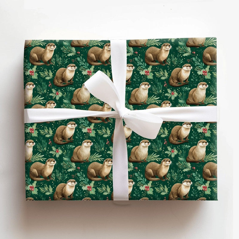 Dark Green Woodland Animal Wrapping Paper, Otter Christmas Holly Wrapping Paper, Adorable Otter Holiday Wrapping Paper, Nature Lover Gift Wrap