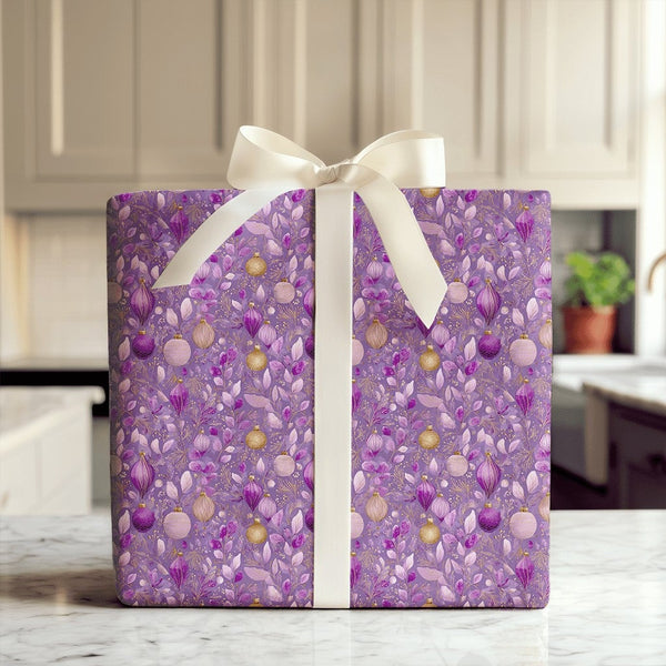 Luxury Ornament Holiday Wrapping Paper, Purple and Gold Christmas Wrapping Paper, Elegant Bauble Wrapping Paper, Festive Wint