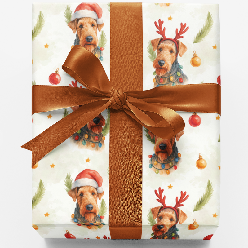 Antler Santa Hat Dog Gift Wrap, Airedale Terrier Christmas Wrapping Paper, Festive Puppy Holiday Wrapping Paper, Dog Lover Present Paper Roll