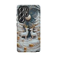 3D Reindeer Forest Phone Cover, Winter Deer Phone Case for Samsung Galaxy, Snowy Moonlit Christmas Wildlife Tough Phone Case