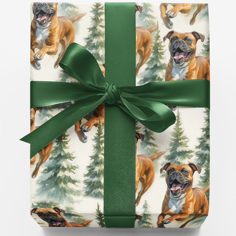 Watercolor Forest Gift Wrap, Boxer Dog Wrapping Paper, Winter Boxer Holiday Wrapping Paper, Dog Lover Gift Wrap Roll, Christmas Present Wrap