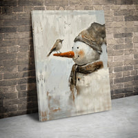 Rustic Winter Oil Painting Poster, Snowman and Bird Canvas Wall Art Print, Farmhouse Christmas Holiday Decor, Digital Download Present