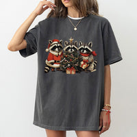 Adorable Woodland Animal Santa Hat Shirt, Raccoon Christmas T-Shirt, Humorous Raccoon Holiday Graphic Tee, Festive Animal Lover Present