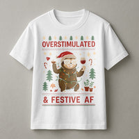 Humorous Christmas Wine Shirt, Overstimulated & Festive AF Sloth T-Shirt, Sarcastic Holiday Graphic Tee, Festive Sloth Christmas Tee