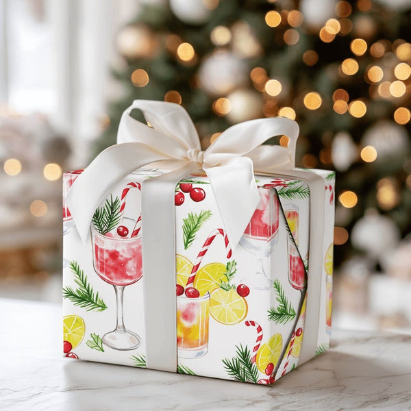 Festive Holiday Drink Gift Wrap, Christmas Cocktail Wrapping Paper, Watercolor Winter Cocktail Wrapping Paper, Xmas Party Gif