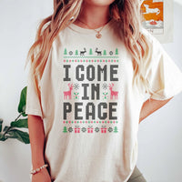 Humorous Reindeer Holiday Shirt, I Come in Peace Christmas T-Shirt, Sarcastic Ugly Xmas Tee, Retro Festive Graphic T-Shirt, Xmas Present