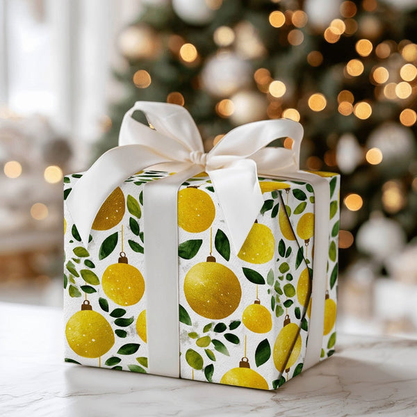 Greenery Christmas Gift Wrap, Watercolor Gold Ornament Wrapping Paper, Elegant Holiday Wrapping Paper, Botanical Winter Gift 