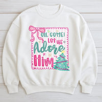 Pink Coquette Christmas Crewneck, Oh Come Let Us Adore Him Sweatshirt, Nativity Christian Holiday Sweater, Girly Xmas Bow Pullover