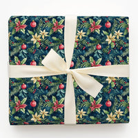 Gold Ornament Holiday Gift Wrap, Navy Poinsettia Christmas Wrapping Paper, Botanical Winter Wrapping Paper, Festive Floral Gift Wrap Roll