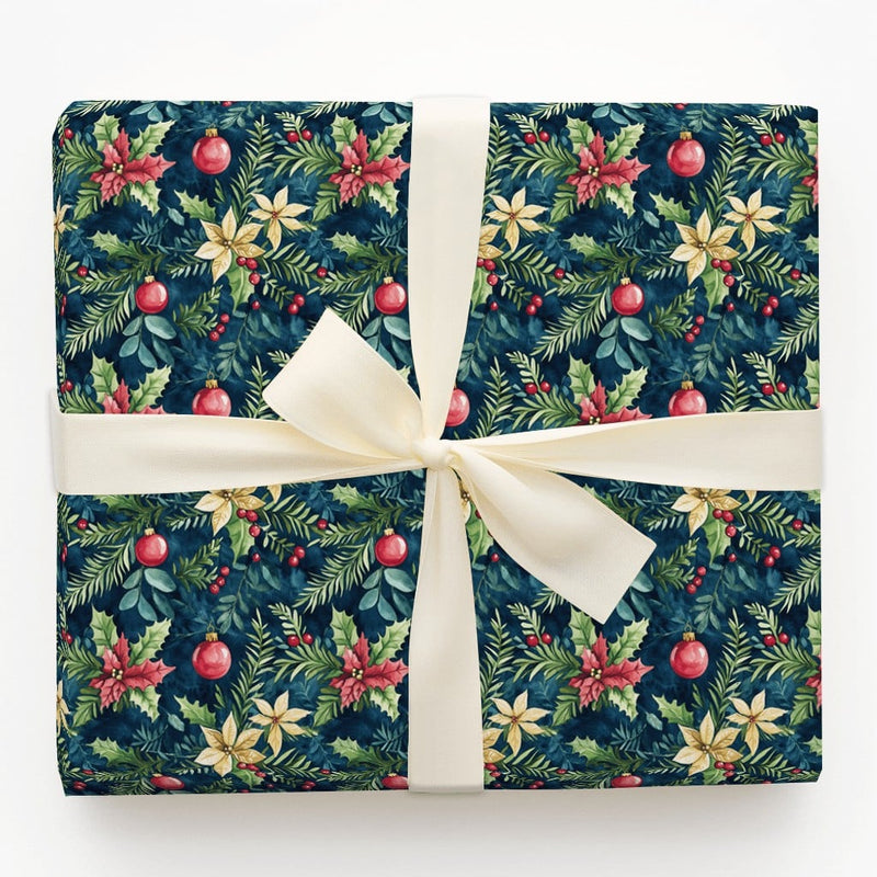 Gold Ornament Holiday Gift Wrap, Navy Poinsettia Christmas Wrapping Paper, Botanical Winter Wrapping Paper, Festive Floral Gift Wrap Roll