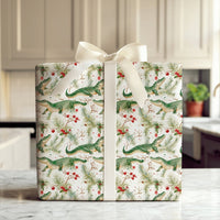 Gator Holiday Gift Wrap, Alligator Christmas Wrapping Paper, Winter Reptile Wrapping Paper, Pine Holly Gift Wrap, Adorable Gator Wrapping Paper