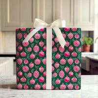 Watercolor Greenery Gift Wrap, Pink Ornament Christmas Wrapping Paper, Dark Green Holiday Wrapping Paper, Elegant Winter Bauble Gift Wrap