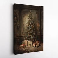 Classic Holiday Tree Wall Art, Vintage Christmas Tree Canvas Print, Christmas Tree and Presents Canvas Art, Festive Winter Home Wall Decor
