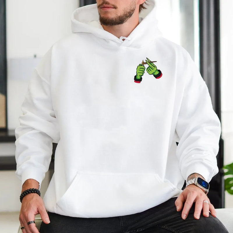 Humorous Stoner Christmas Graphic Hoodie, Green Monster Hands Hoodie, Spooky Holiday Pullover Hoodie, Retro Weed Streetwear Hooded Sweatshirt