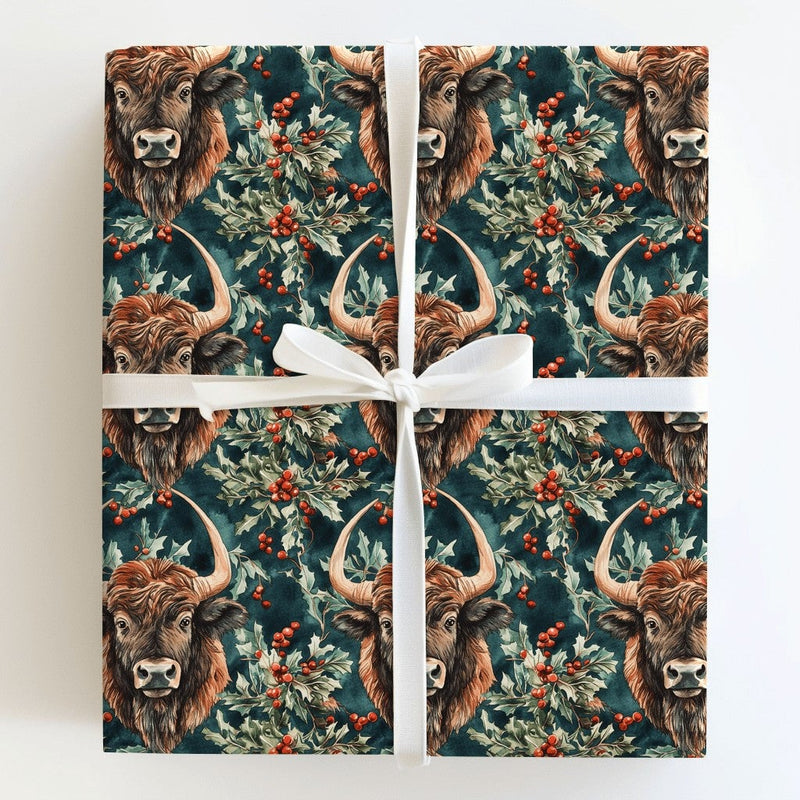 Farmhouse Holly Berry Gift Wrap, Highland Cow Christmas Wrapping Paper, Rustic Holiday Wrapping Paper, Xmas Animal Gift Wrapping Paper Roll
