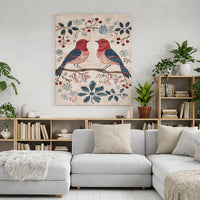 Red Berry Snowflake Canvas Print, Winter Birds Canvas Wall Art, Folk Art Christmas Wall Canvas, Holiday Farmhouse Seasonal Home Decor Present