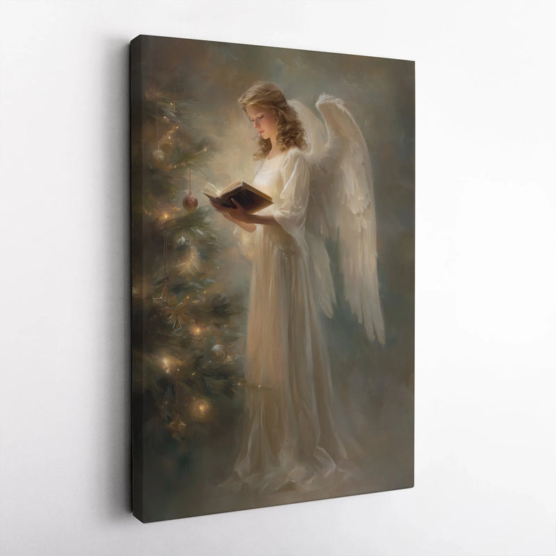 Holiday Angel Canvas Print, Angel Reading Christmas Tree Canvas Art, Vintage Christmas Angel Wall Art, Festive Winter Canvas Decor Present