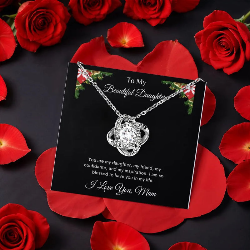 CZ Crystal Pendant Necklace, Daughter Love Knot Necklace from Mom, Rotating Rose Box Love Knot Necklace, Christmas Birthday Jewelry Present