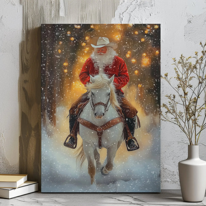 Western Christmas Canvas Print, Cowboy Santa Claus Canvas Art, Rustic Holiday Canvas Decor, Farmhouse Xmas Wall Art, Country Holiday Present