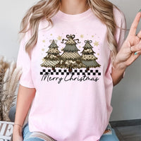 Checkerboard Christmas Shirt, Camo Christmas Tree T-Shirt, Coquette Tree Graphic Tee, Festive Christmas T-Shirt, Holiday Party Present for Her