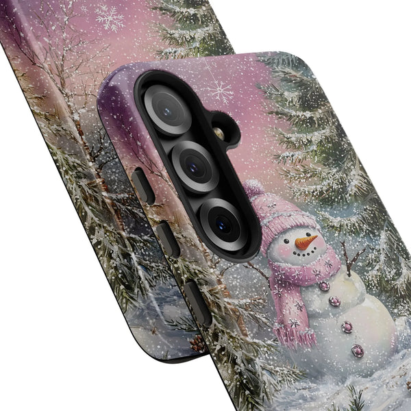 Winter Forest Snowy Landscape Phone Case, Whimsical Pink Snowman Samsung Phone Case, Dual Layer Tough Phone Cover, Christmas 
