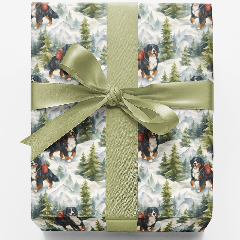 Alpine Winter Scene Gift Wrap, Bernese Mountain Dog Wrapping Paper, Holiday Dog Wrapping Paper, Rustic Christmas Pet Gift Wrap Roll
