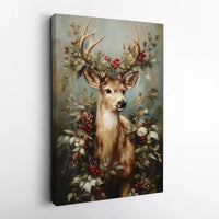 Winter Woodland Animal Canvas Print, Christmas Deer Canvas Wall Art, Festive Pinecone Wall Art, Holiday Season Home Decor, Xmas Present