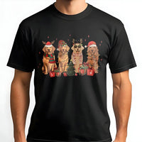 Adorable Dogs in Santa Hats Graphic Tee, Golden Retriever Christmas T-Shirt, Festive Dog Lover Holiday Shirt, Pet Mom Winter Xmas Present
