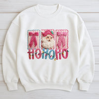 Faux Yarn Crochet Effect Crewneck, Santa Claus Christmas Sweatshirt, Retro Holiday Graphic Sweater, Comfy Winter Xmas Apparel for Her