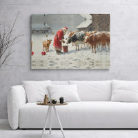 Snowy Farm Christmas Canvas Art, Santa Feeding Cows Canvas Print, Rustic Holiday Wall Decor, Winter Farmhouse Canvas, Country Xmas Present