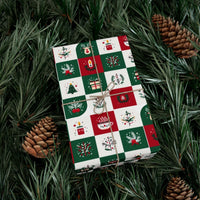 Checkerboard Holiday Icons Gift Wrap, Folk Art Christmas Wrapping Paper, Retro Xmas Wrapping Paper, Festive Winter Present Wrap Paper Roll