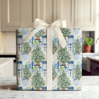 Watercolor Tree Gift Wrap, Chinoiserie Christmas Wrapping Paper, Preppy Blue Holiday Wrapping Paper, Elegant Winter Xmas Wrapping Paper