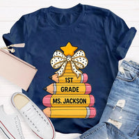 Custom Holiday Teacher T-Shirt, Personalized Christmas Tree Grade Shirt, Festive School Season Graphic Tee, Winter Educator Present