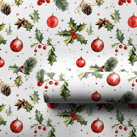 Christmas Ornament Gift Wrap, Watercolor Holly Berry Wrapping Paper, Pinecone Botanical Wrapping Paper