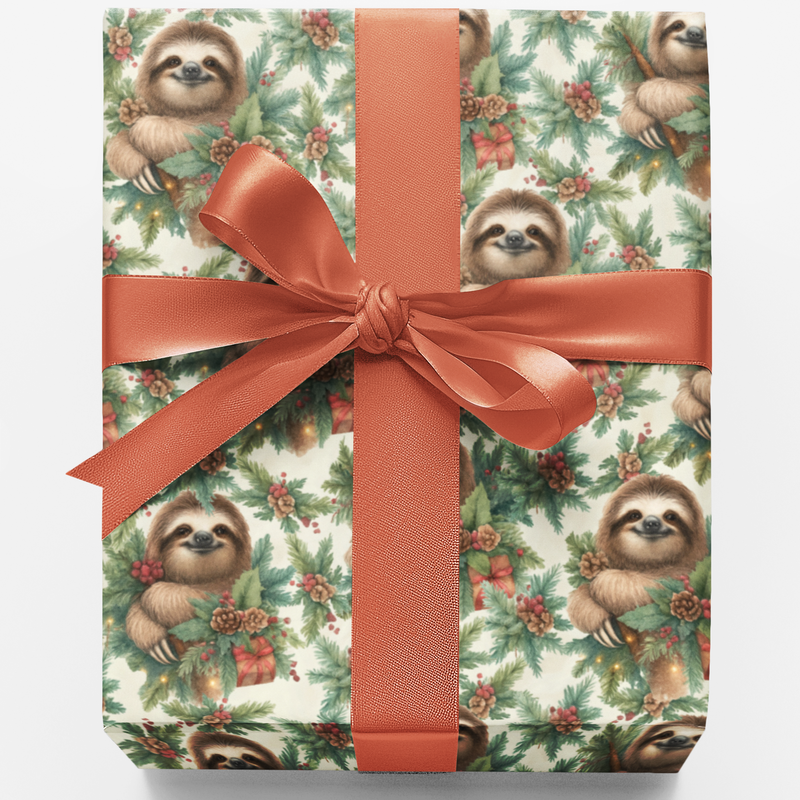 Adorable Mistletoe Holiday Wrapping Paper, Christmas Sloth Gift Wrap Paper, Xmas Animal Present Paper Roll, Festive Winter Present Wrap Paper